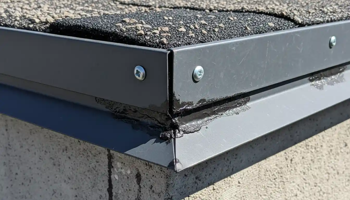 Close-up of a metal gravel stop drip edge installed on the perimeter of a flat, tar-and-gravel roof.