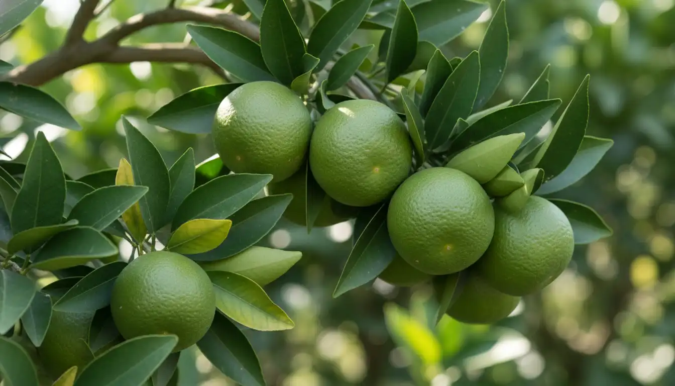 A close-up of several unripe green satsumas hanging from a leafy tree branch.
