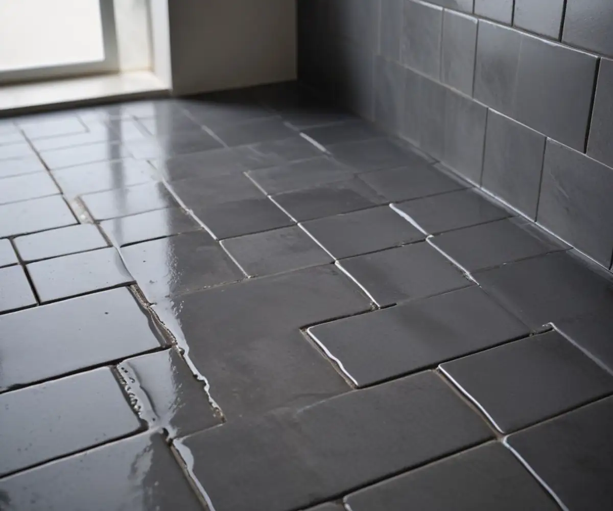 Discolored, wet grout lines between dark gray ceramic bathroom tiles, showing color leaching onto the tile surface.