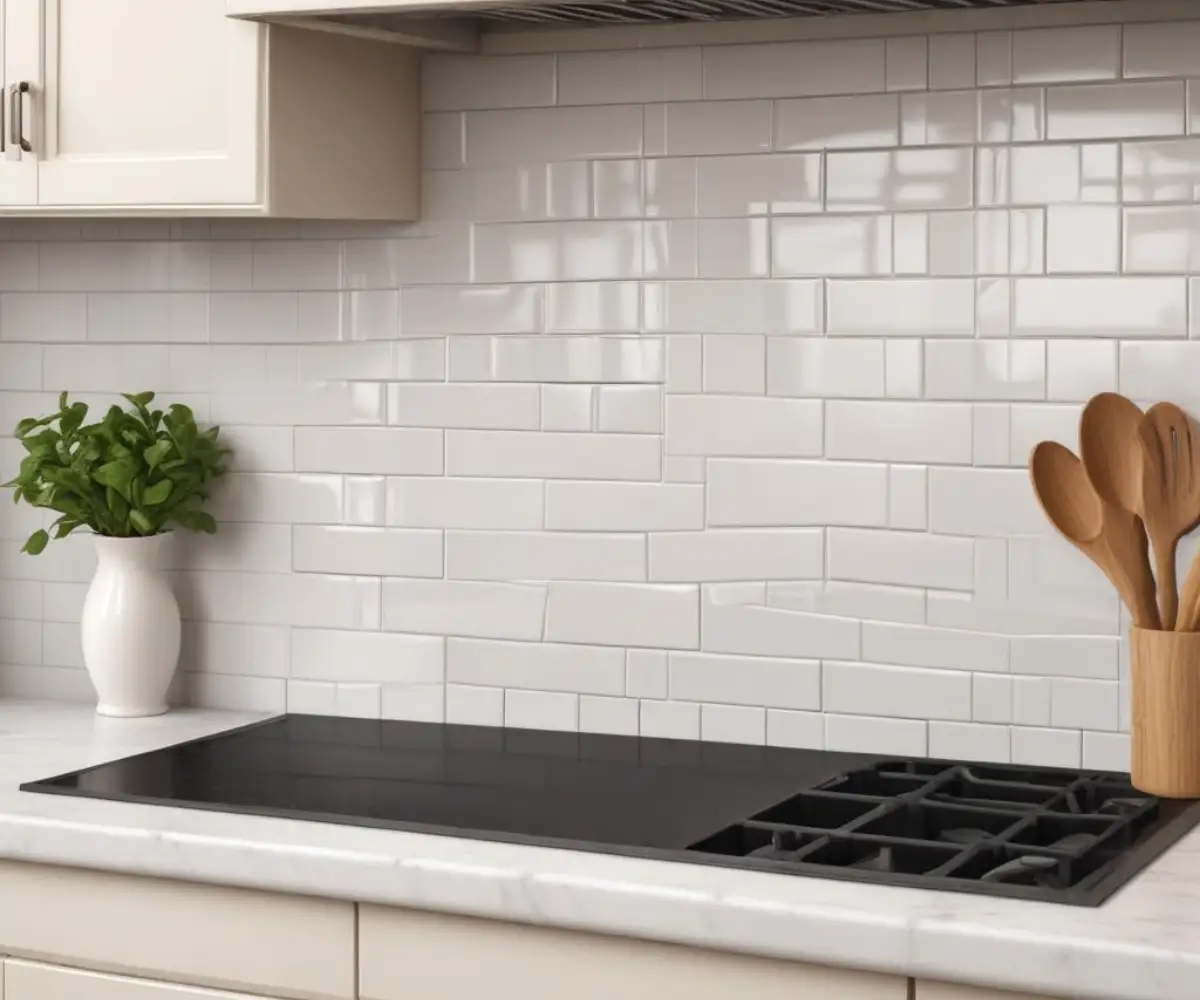 Close-up of freshly installed 4x12 white subway tiles with consistent, narrow grout lines on a kitchen backsplash.