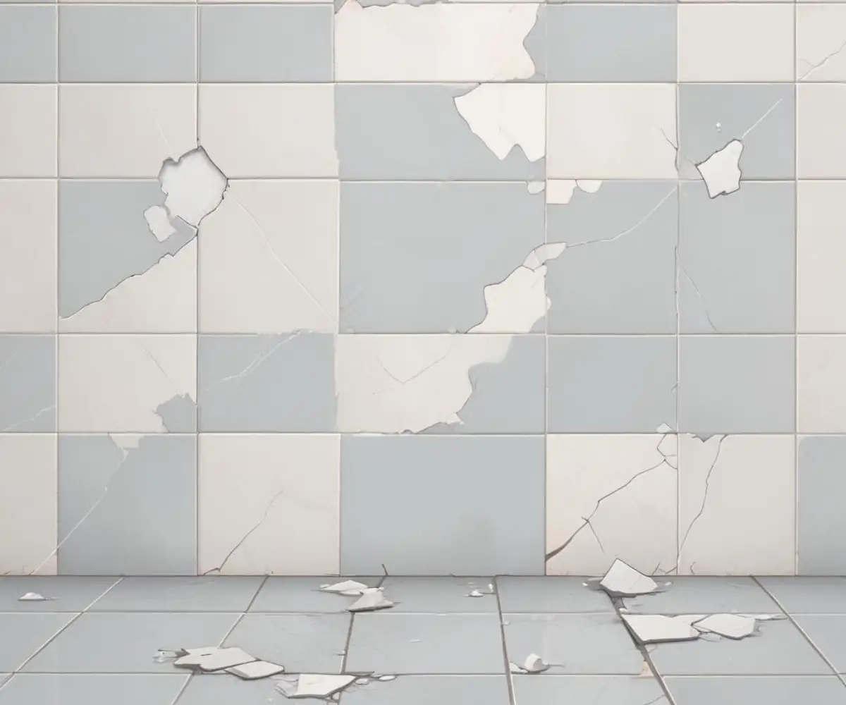 Close-up of cracked and crumbling white grout lines between gray ceramic tiles on a bathroom floor.