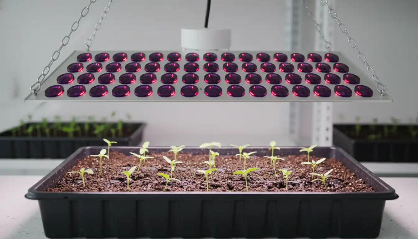 An unlit LED grow light panel with purple and red diodes suspended above small green seedlings in a tray.