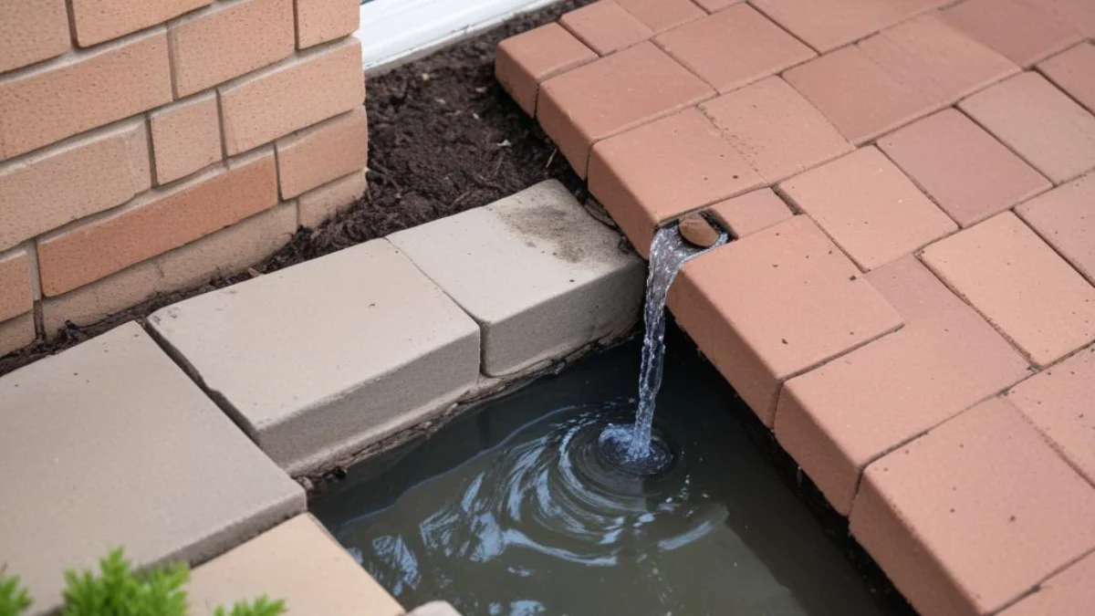 Gutter downspout creating a pool of water on a paver patio, causing drainage issues next to a driveway.