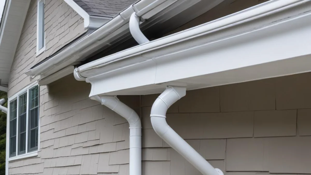 Seamless white aluminum gutter with a wrap-around corner section on a residential home.