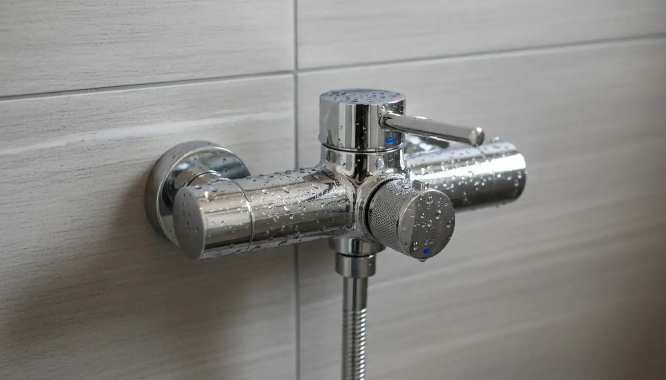 Close-up of a modern chrome hansgrohe shower mixer mounted on a tiled wall.