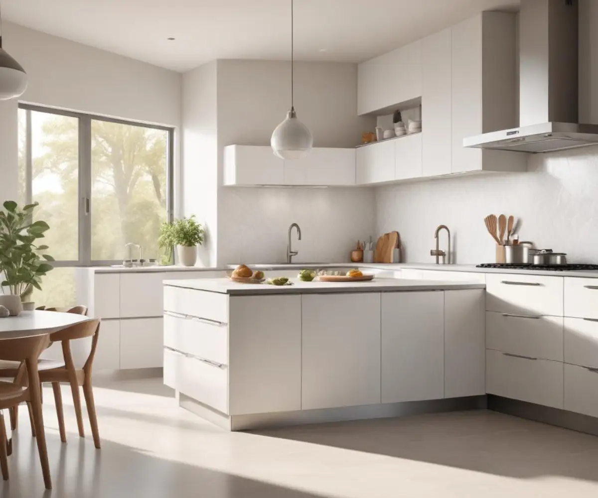 Modern white Hanssem kitchen cabinets with sleek stainless steel handles and a gray countertop.