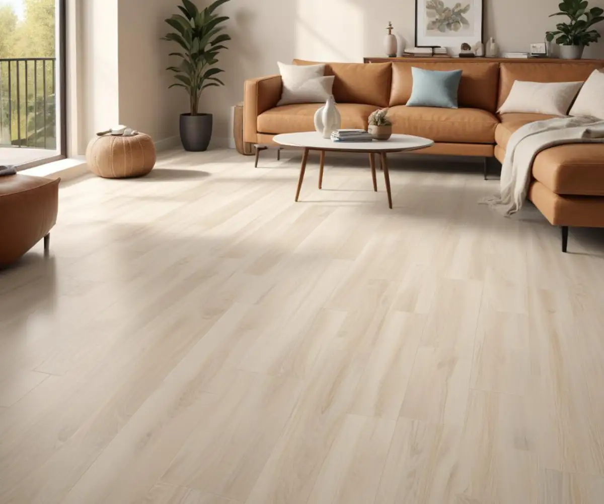 Light-colored luxury vinyl plank flooring installed in a modern living room with natural light.