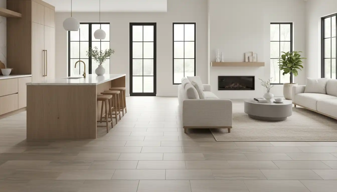 A close-up of a newly installed, glossy porcelain tile floor in a herringbone pattern.