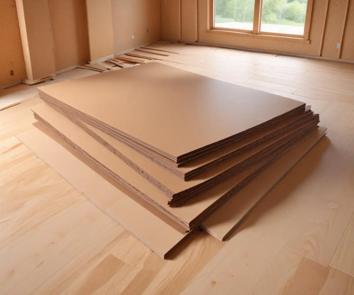 A stack of smooth, brown, tempered hardboard underlayment sheets resting on a clean plywood subfloor inside a room under construction.