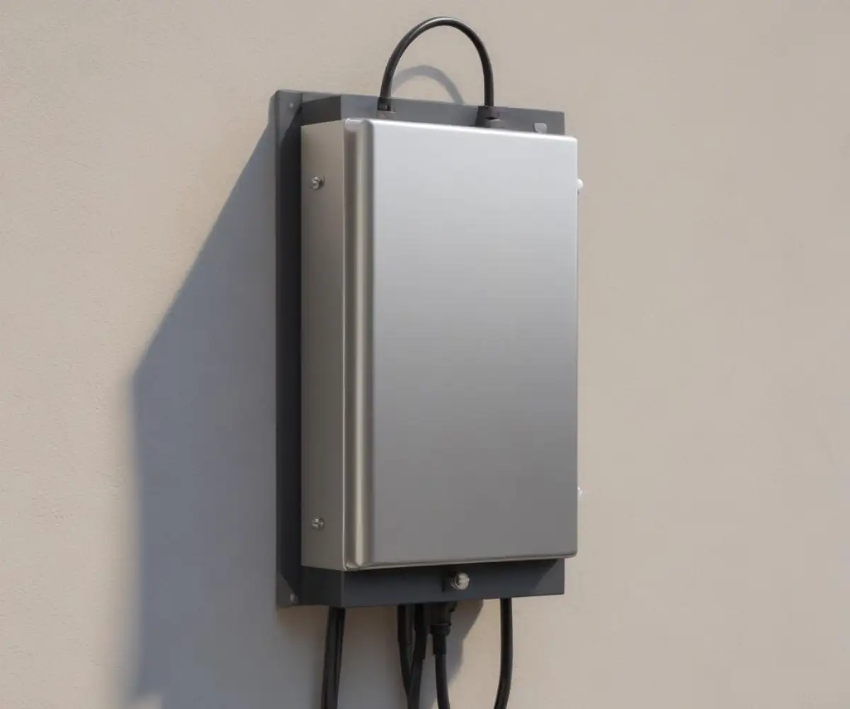 A stainless steel hardwired low voltage transformer box mounted to a light gray exterior wall, with black wires extending from the bottom.