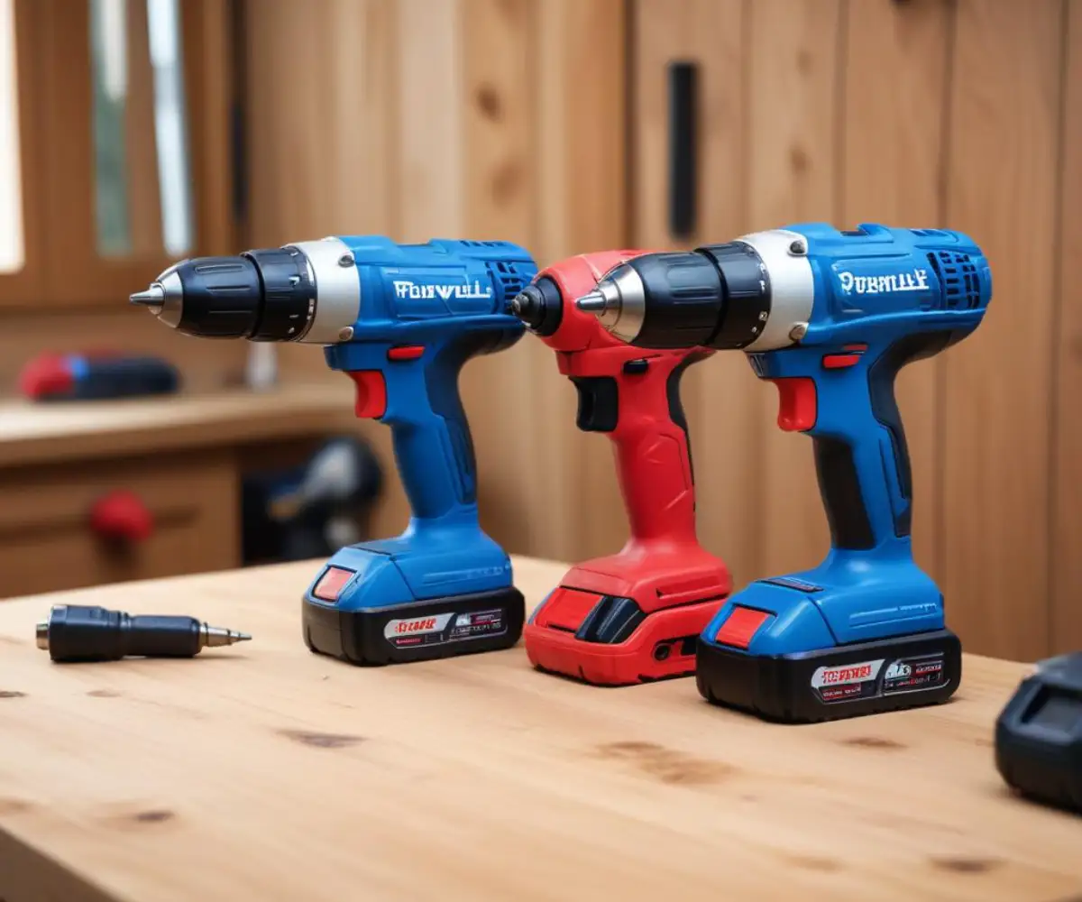 A white and blue power drill next to a black and red power drill on a wooden workbench.