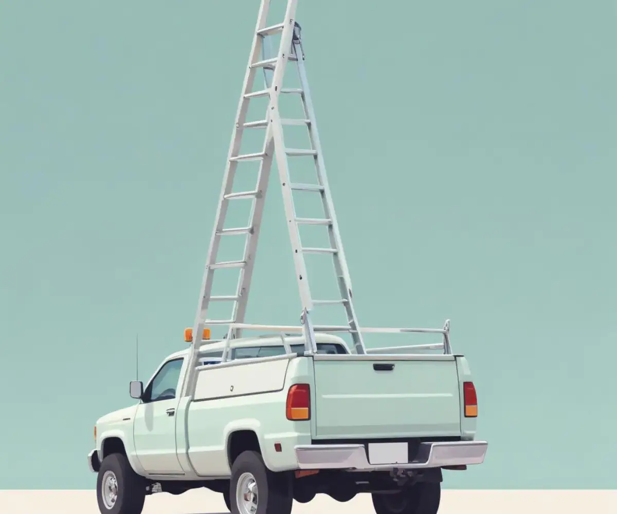An aluminum extension ladder safely secured to the rack of a pickup truck with ratchet straps.