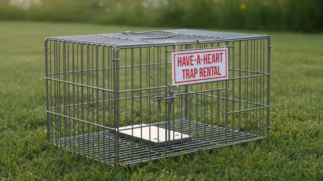 A metal, cage-style live animal trap resting on a patch of green grass.