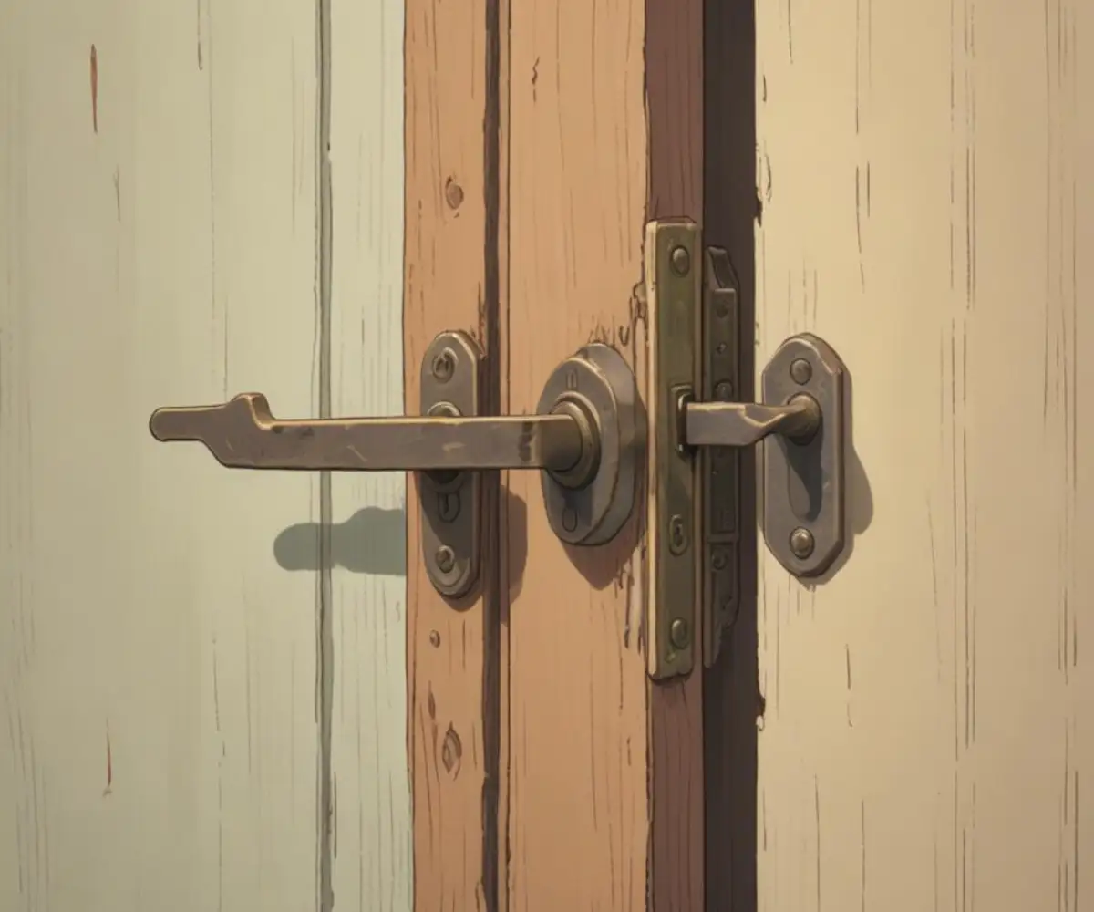 Close-up of a misaligned deadbolt latch not entering the strike plate on a door frame.
