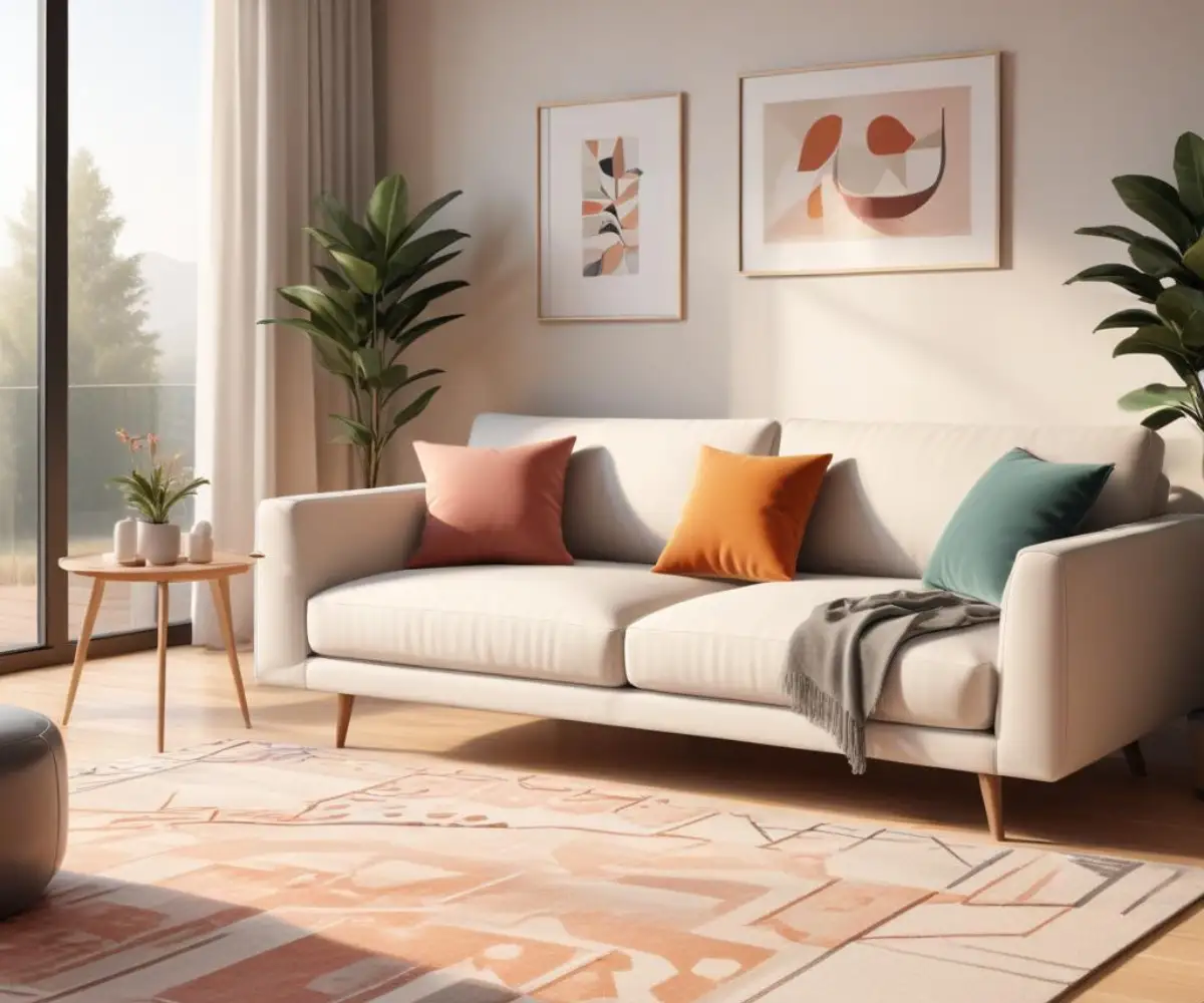 A contemporary living room with a clean-lined sofa, a minimalist side table, and a geometric-patterned rug.