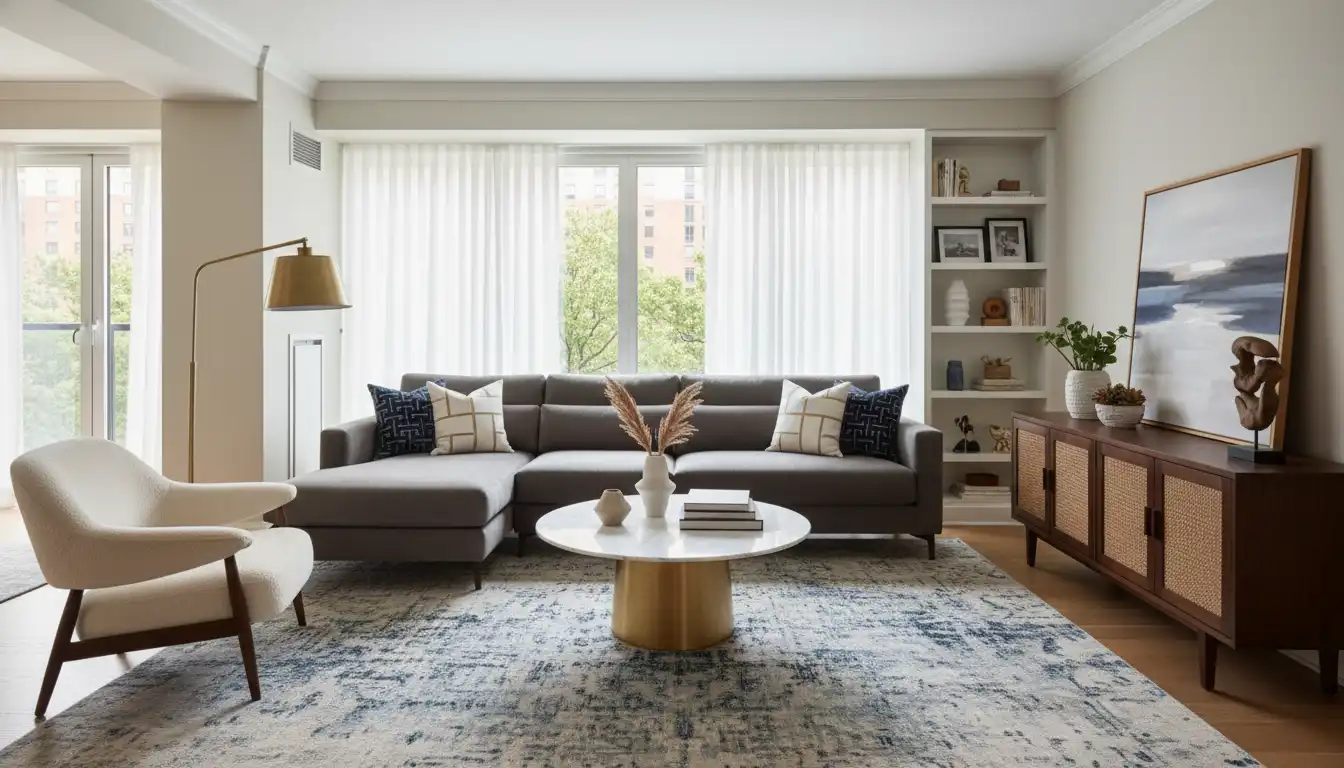 A contemporary living room featuring a mix of stylish furniture and home decor items.