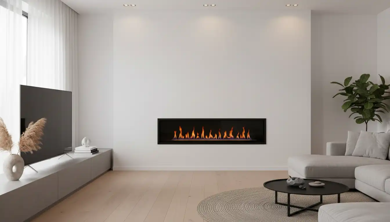A modern living room featuring a sleek, wall-mounted fireplace without a traditional hearth, surrounded by clean white walls.