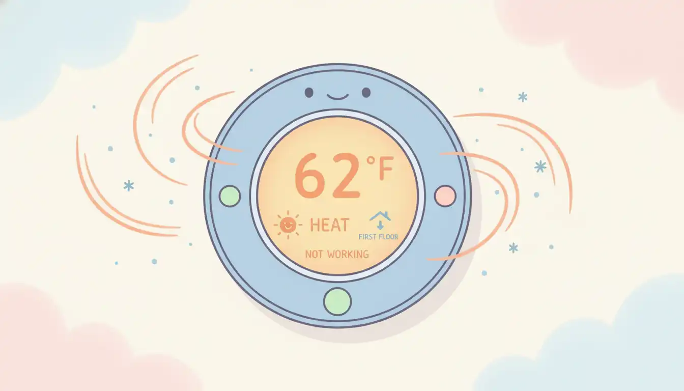 Close-up of a thermostat mounted on a plain interior wall, displaying the temperature and system settings.