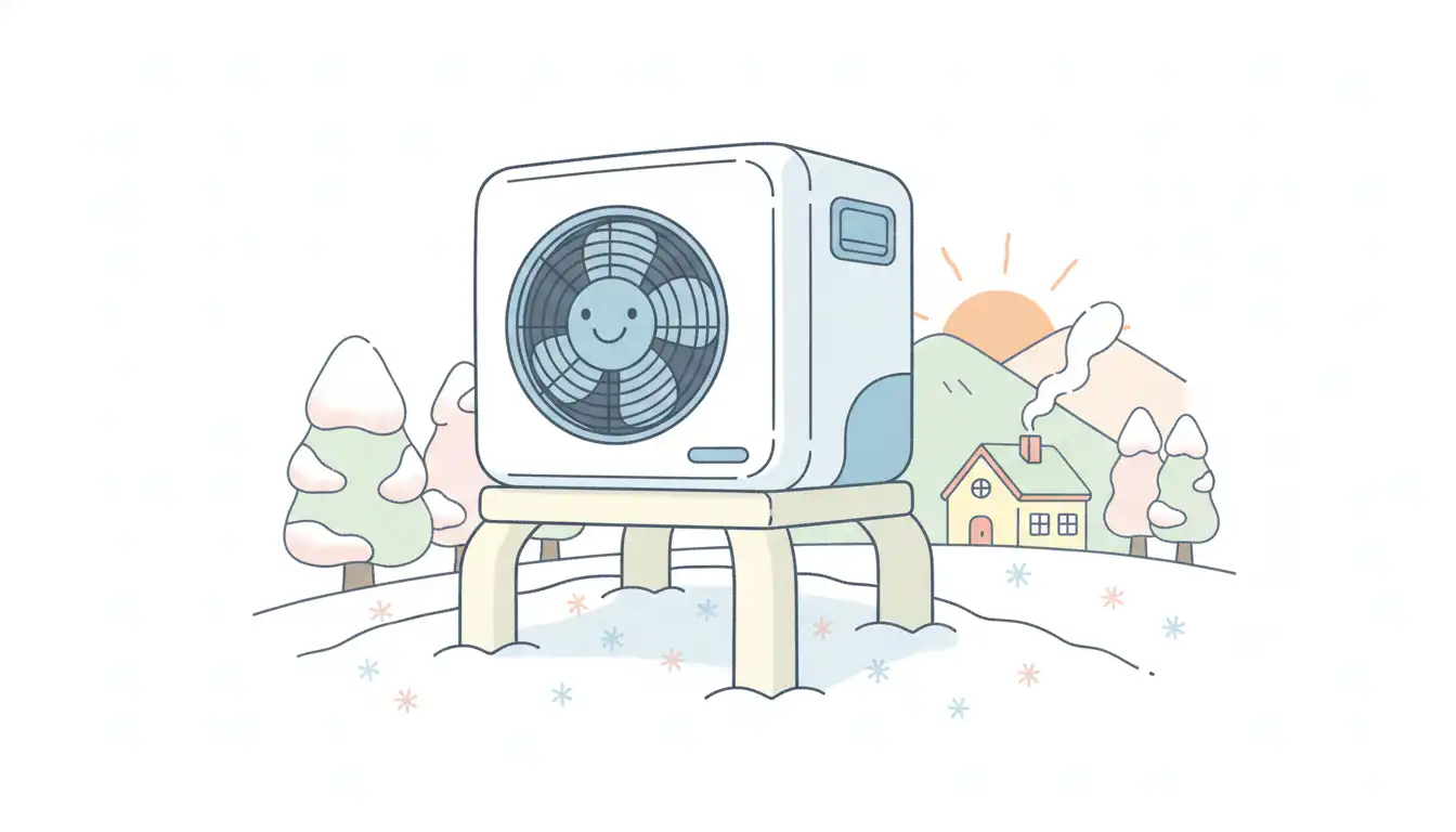 An outdoor heat pump unit elevated on a sturdy metal stand above a snow-covered ground.
