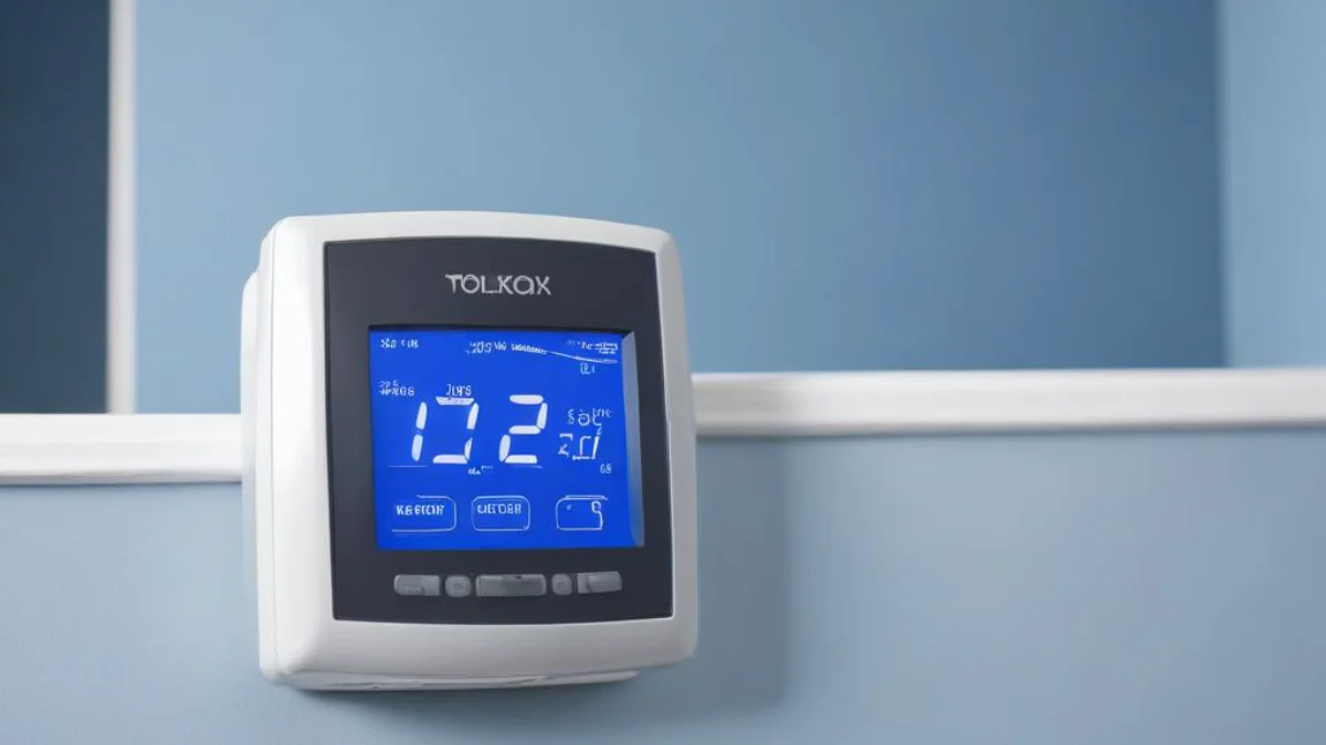 Upstairs thermostat displaying a low temperature with a cold, blue-toned room in the background.