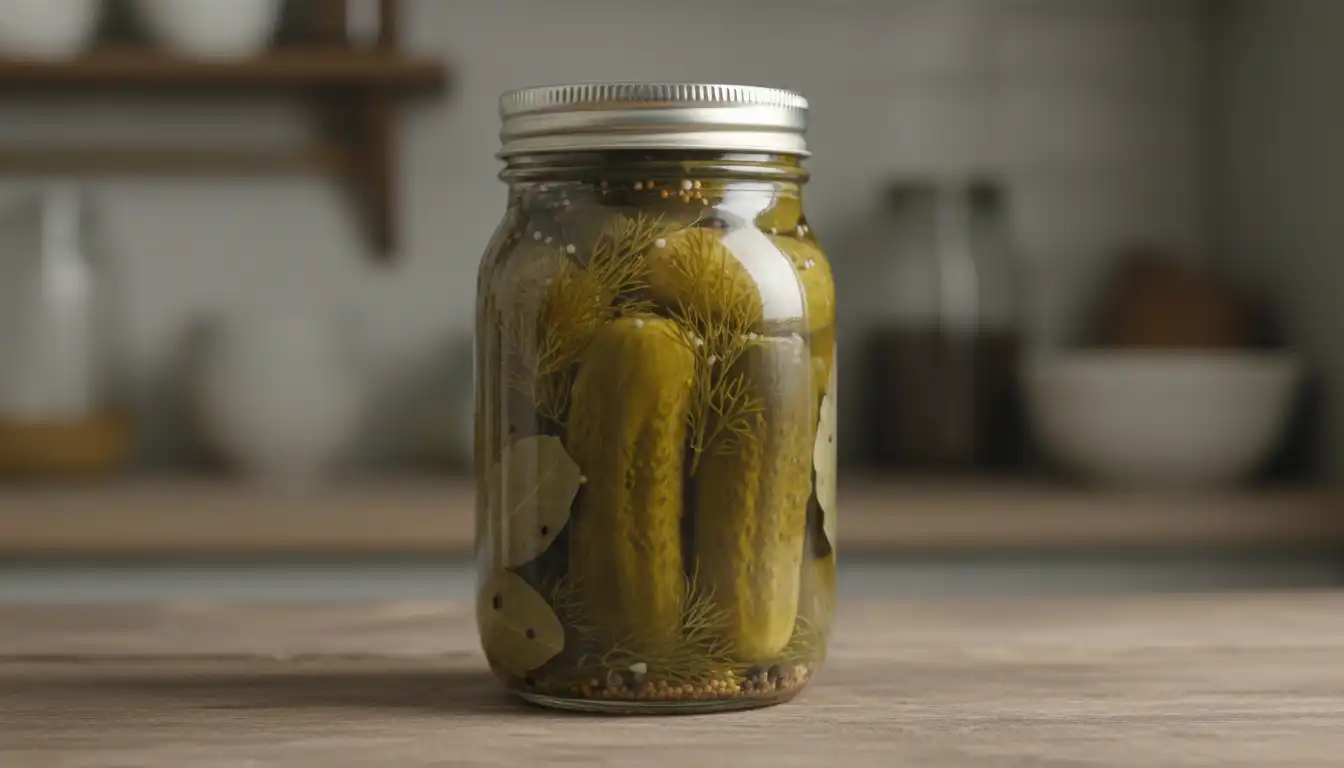 Glass canning jar filled with whole dill pickles, fresh dill sprigs, and pickling spices in a clear brine.