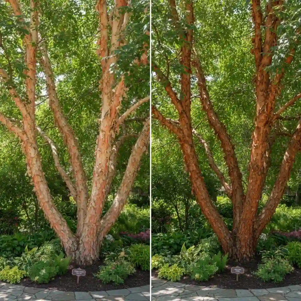 Side-by-side view of a Heritage birch with salmon and cream exfoliating bark and a River birch with darker, reddish-brown peeling bark, planted in a landscaped garden bed with green foliage.