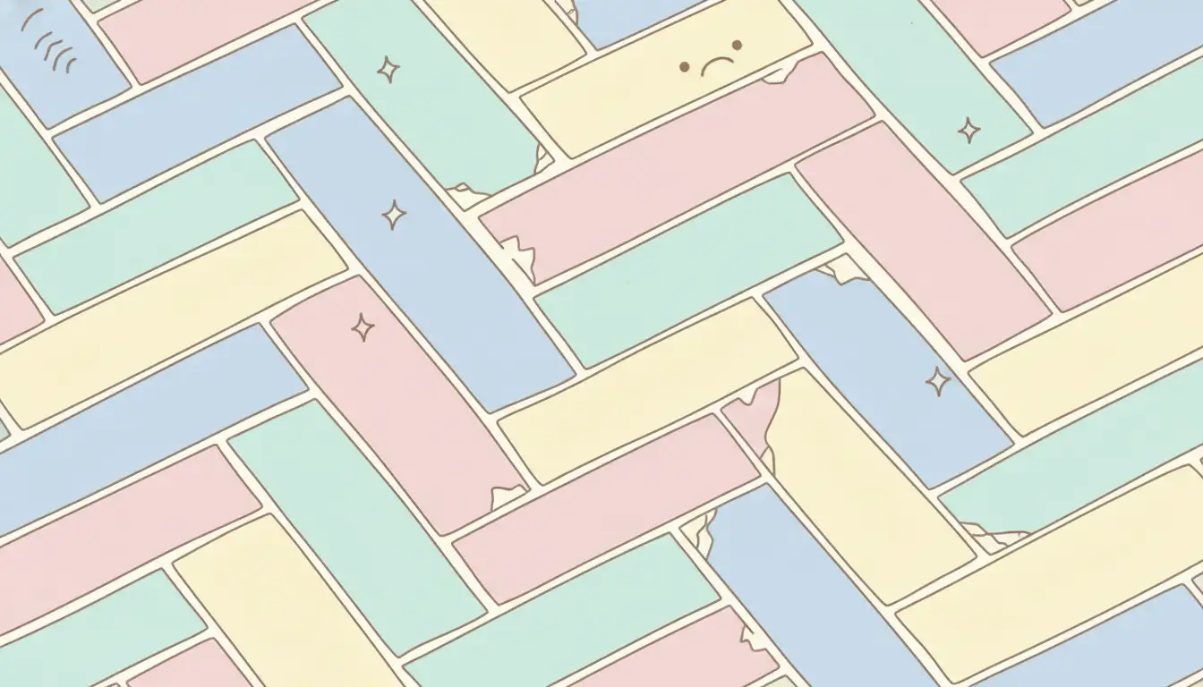 A close-up of a poorly installed herringbone tile floor with crooked lines, uneven grout spacing, and chipped tile edges.