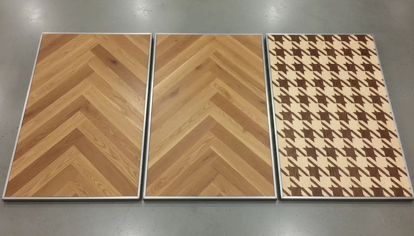 Side-by-side display of wood flooring samples in classic herringbone, chevron, and houndstooth patterns.