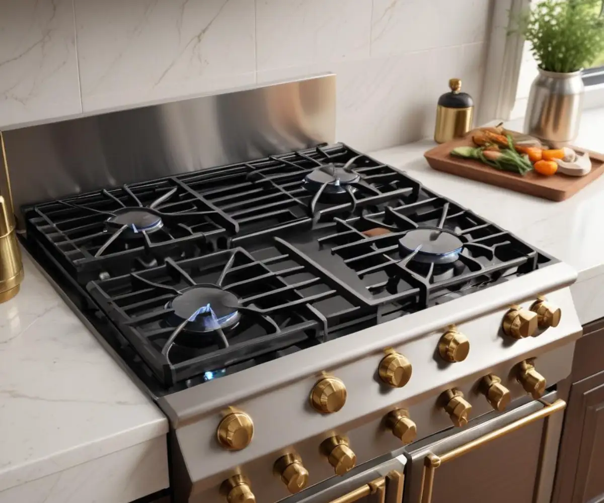 A close-up of a high-end, stainless steel gas range cooktop with heavy-duty grates and brass burner caps.