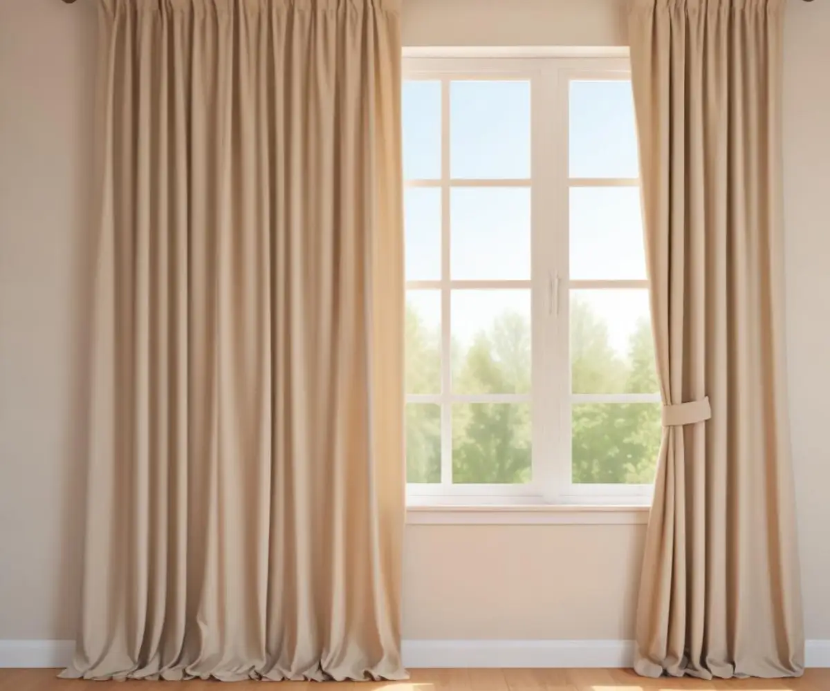 Floor-length, neutral-colored curtains hung from a rod placed high on a wall, framing a short window and creating an illusion of height.