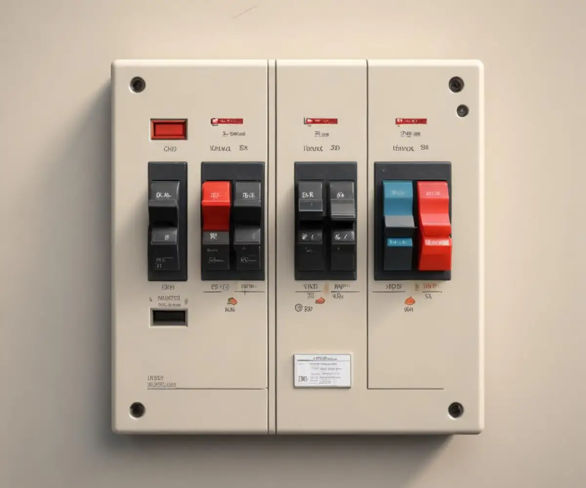 Close-up of a residential circuit breaker panel with switches in the on position, mounted on a plain wall.