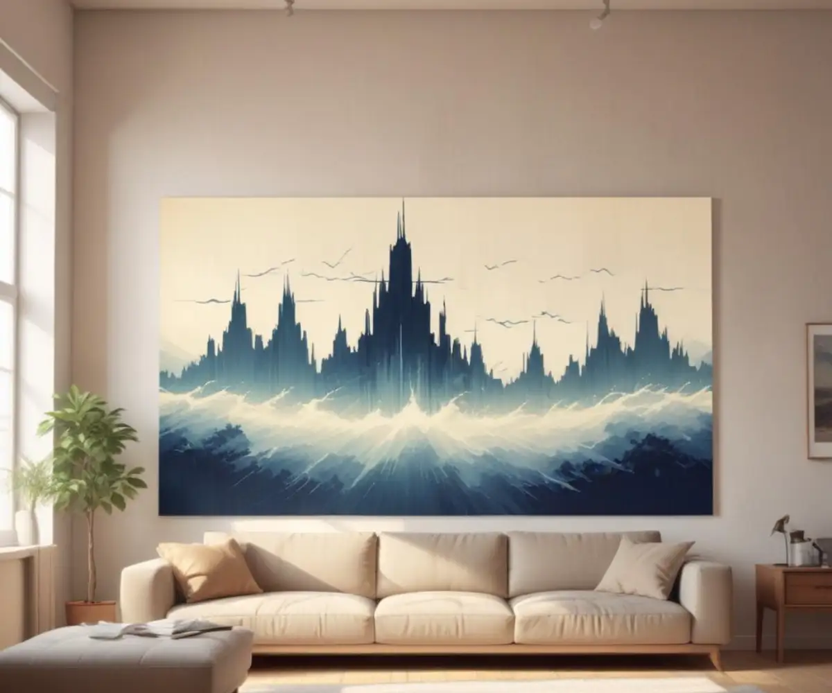 An abstract visualization of a high-frequency soundwave on a neutral, blurred background of a home interior.
