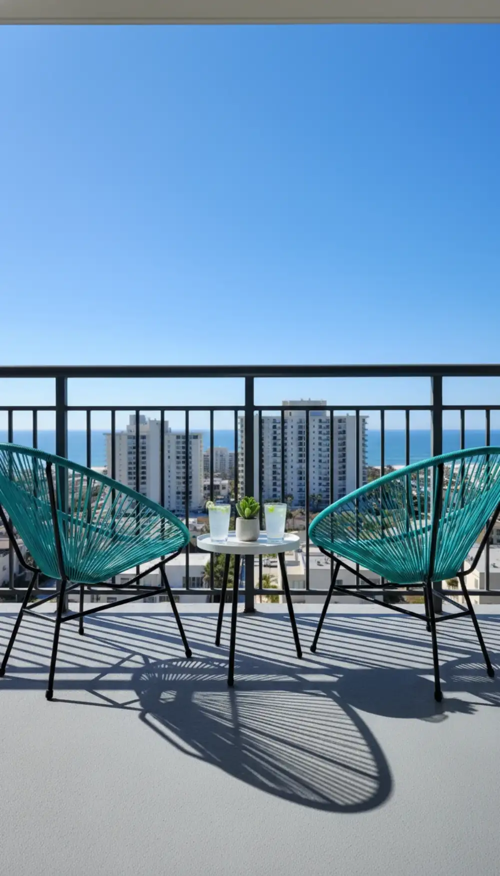 Teal Acapulco chairs on a balcony allowing wind to pass through