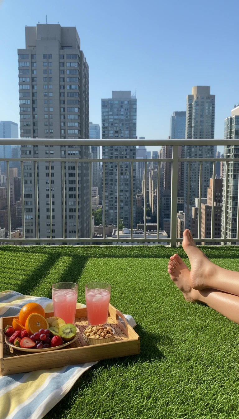 High balcony floor covered in green artificial grass with a city view
