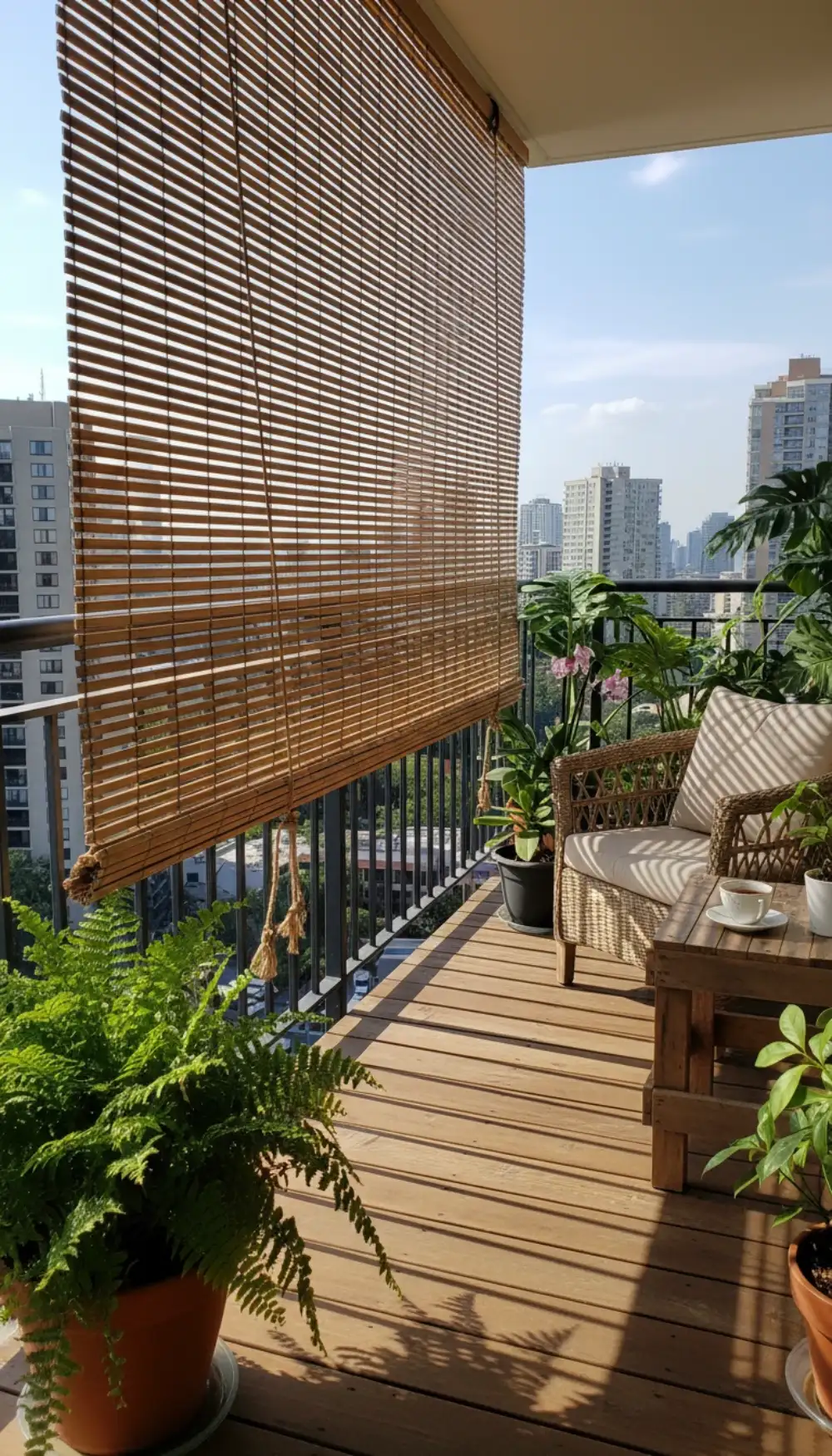 Bamboo roll-up blinds hanging on the side of a balcony for shade