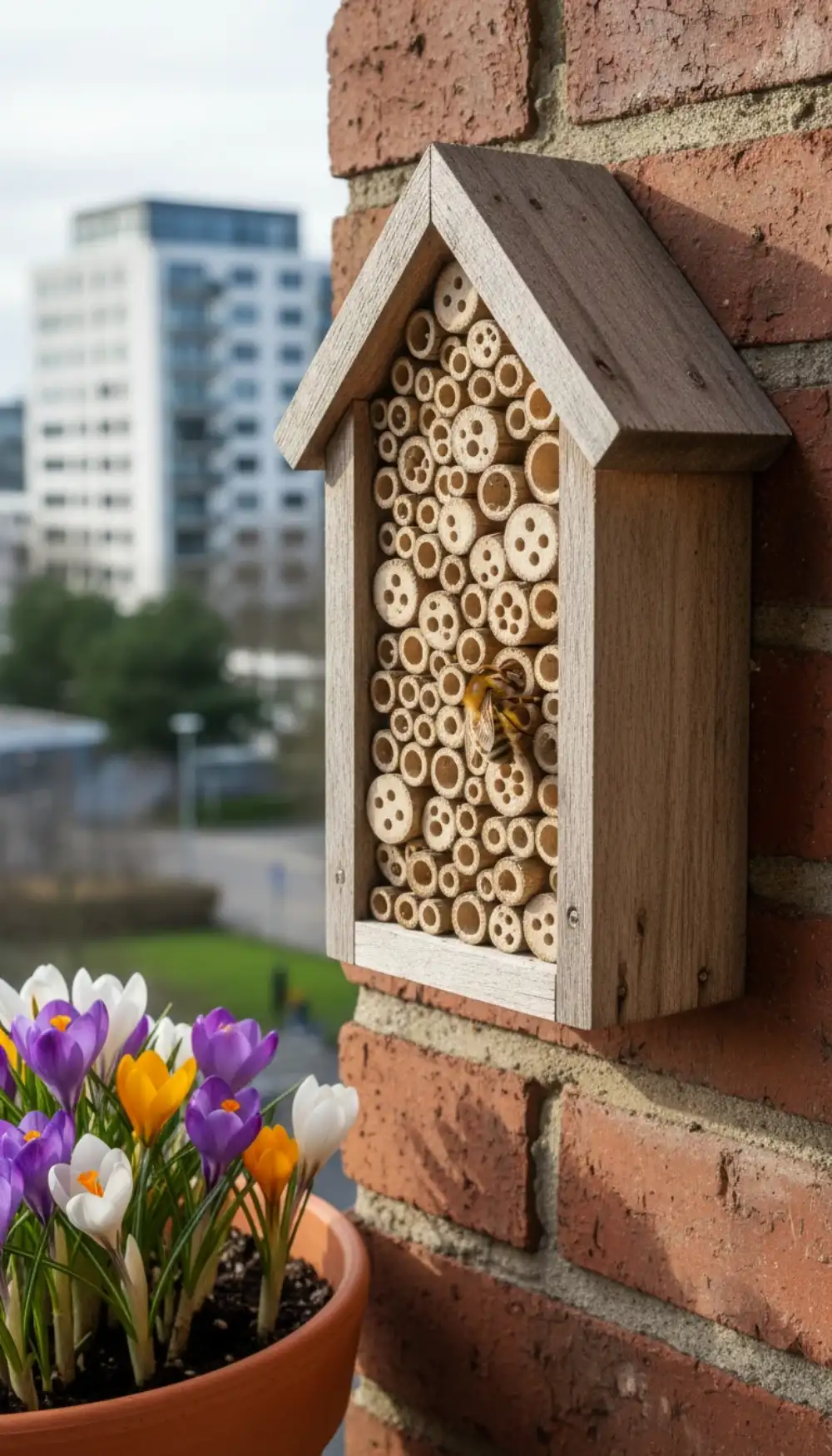 Wooden bee hotel mounted on a brick balcony wall with nesting tubes