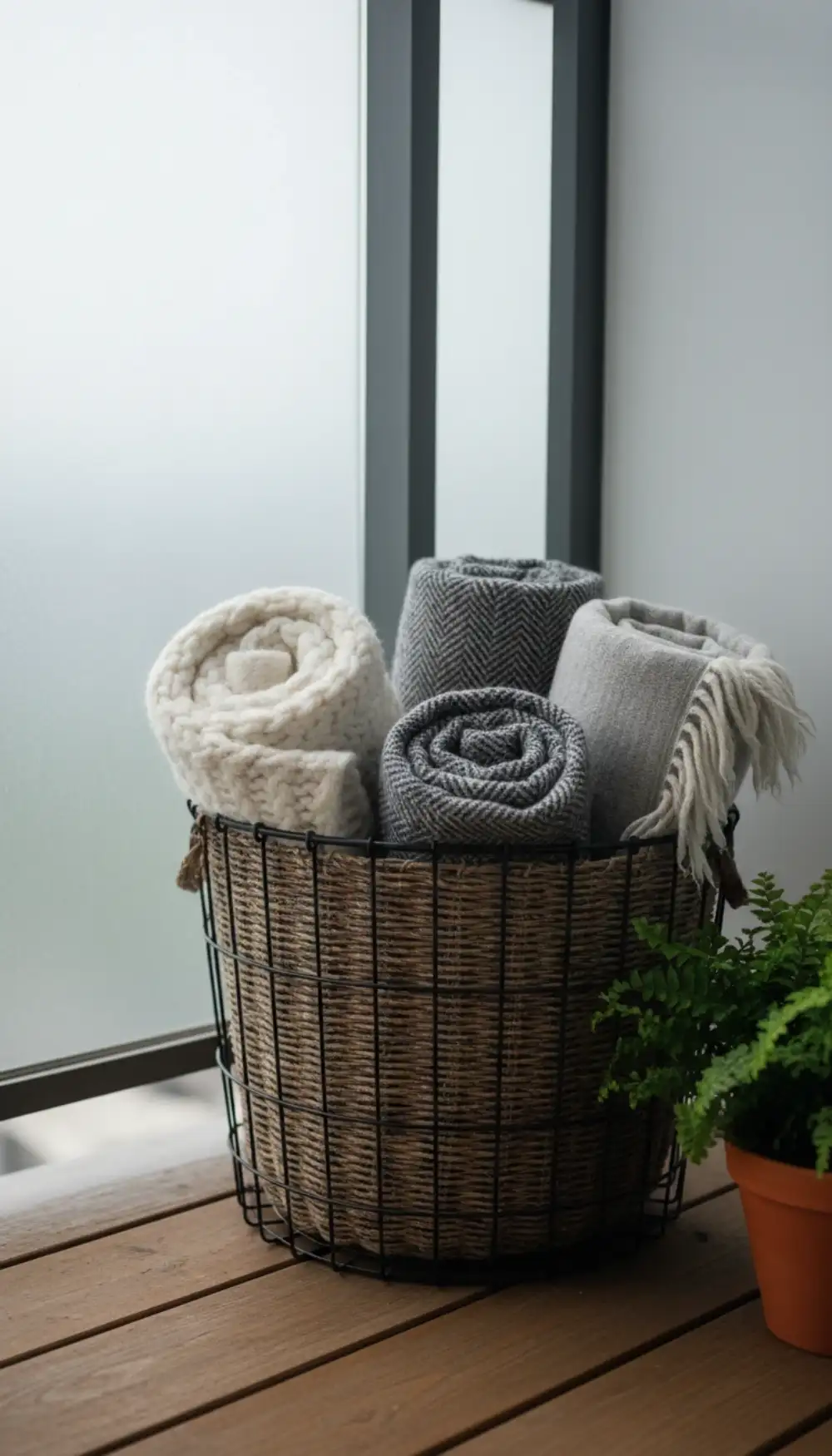 Wire basket filled with rolled blankets near the balcony door