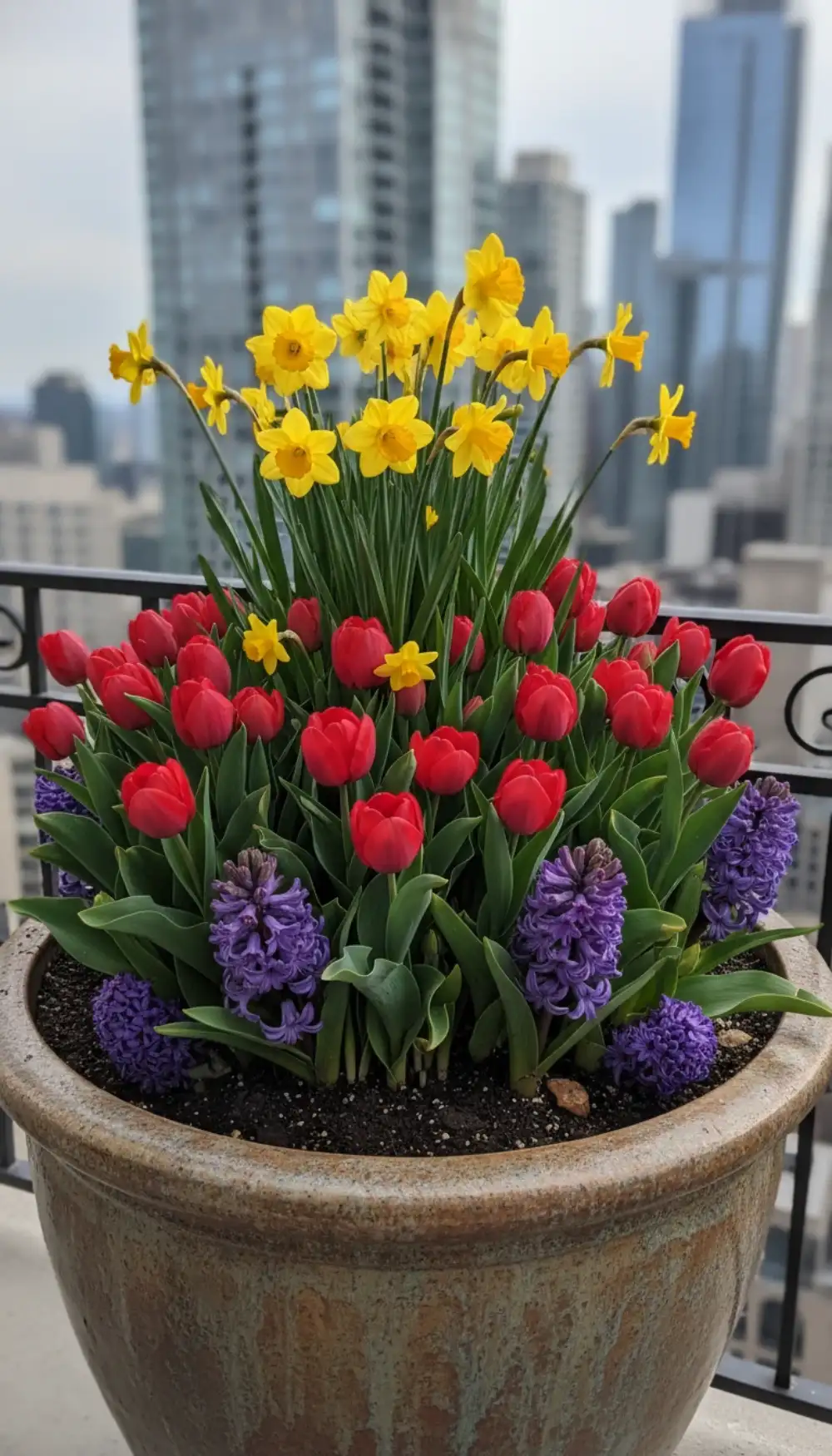 Large pot layered with tulips, daffodils, and hyacinths blooming