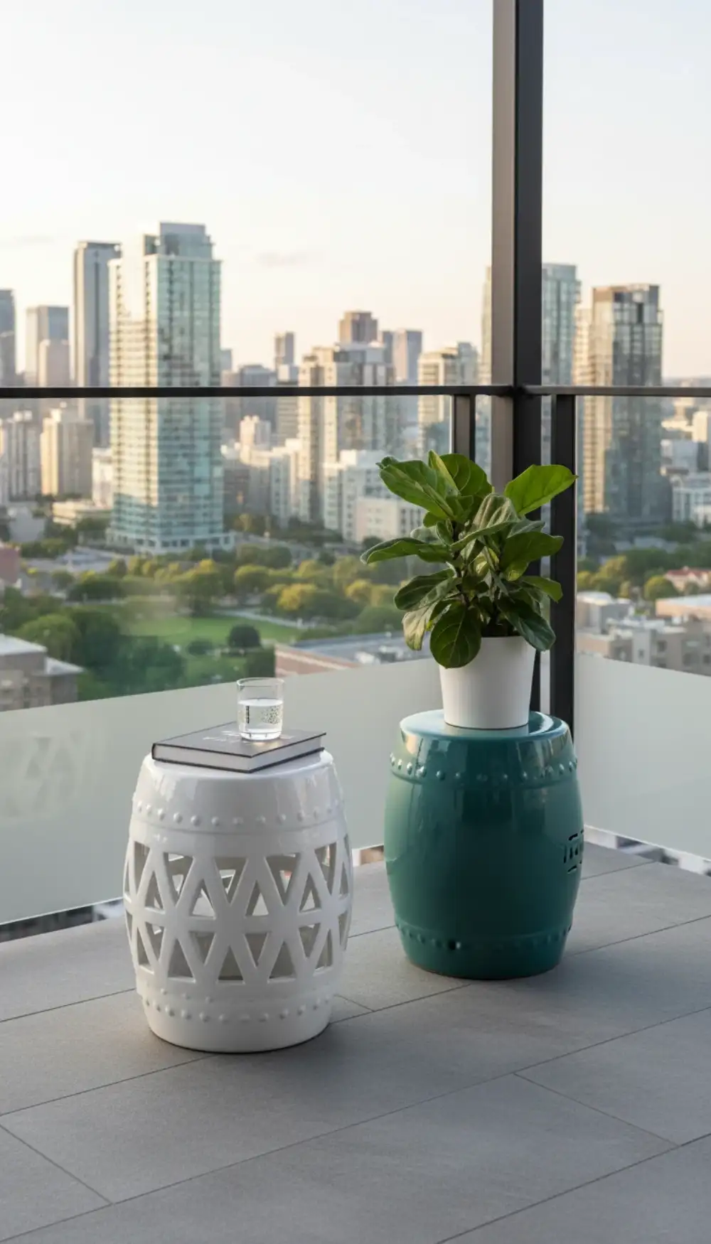 Blue and white ceramic drum stool used as a side table