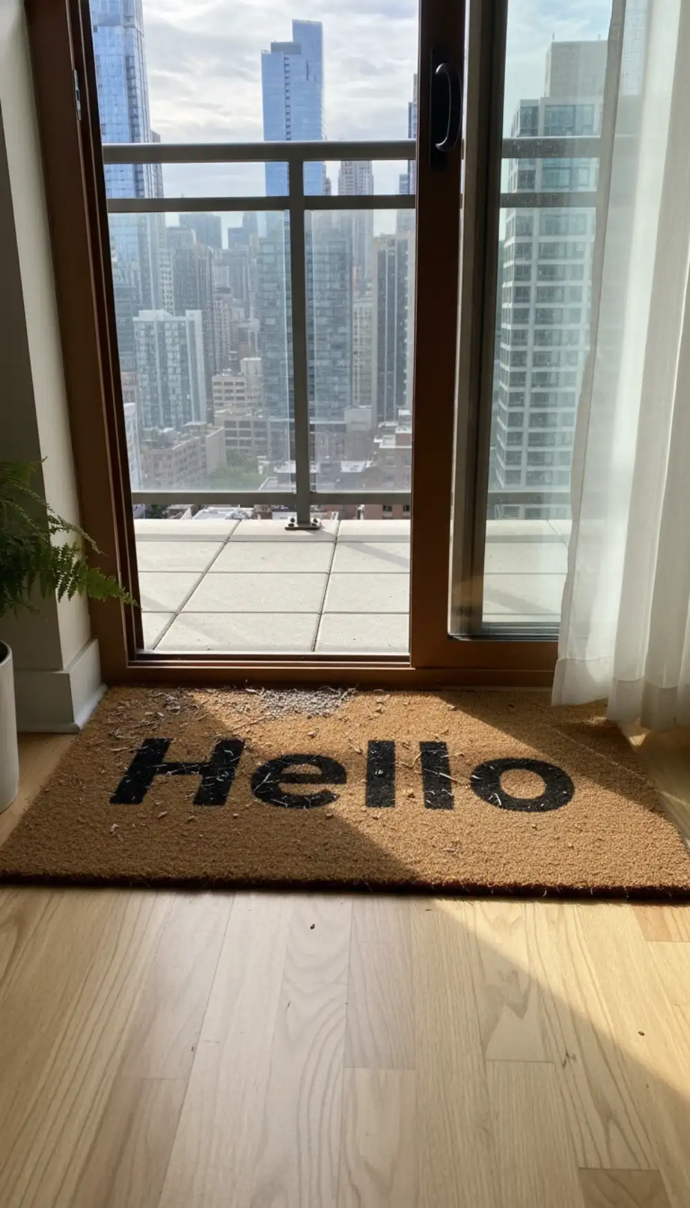 Thick coir doormat with a pattern at the balcony door entrance