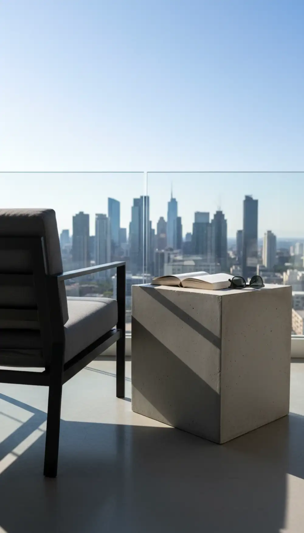 Modern geometric concrete side table next to a lounge chair