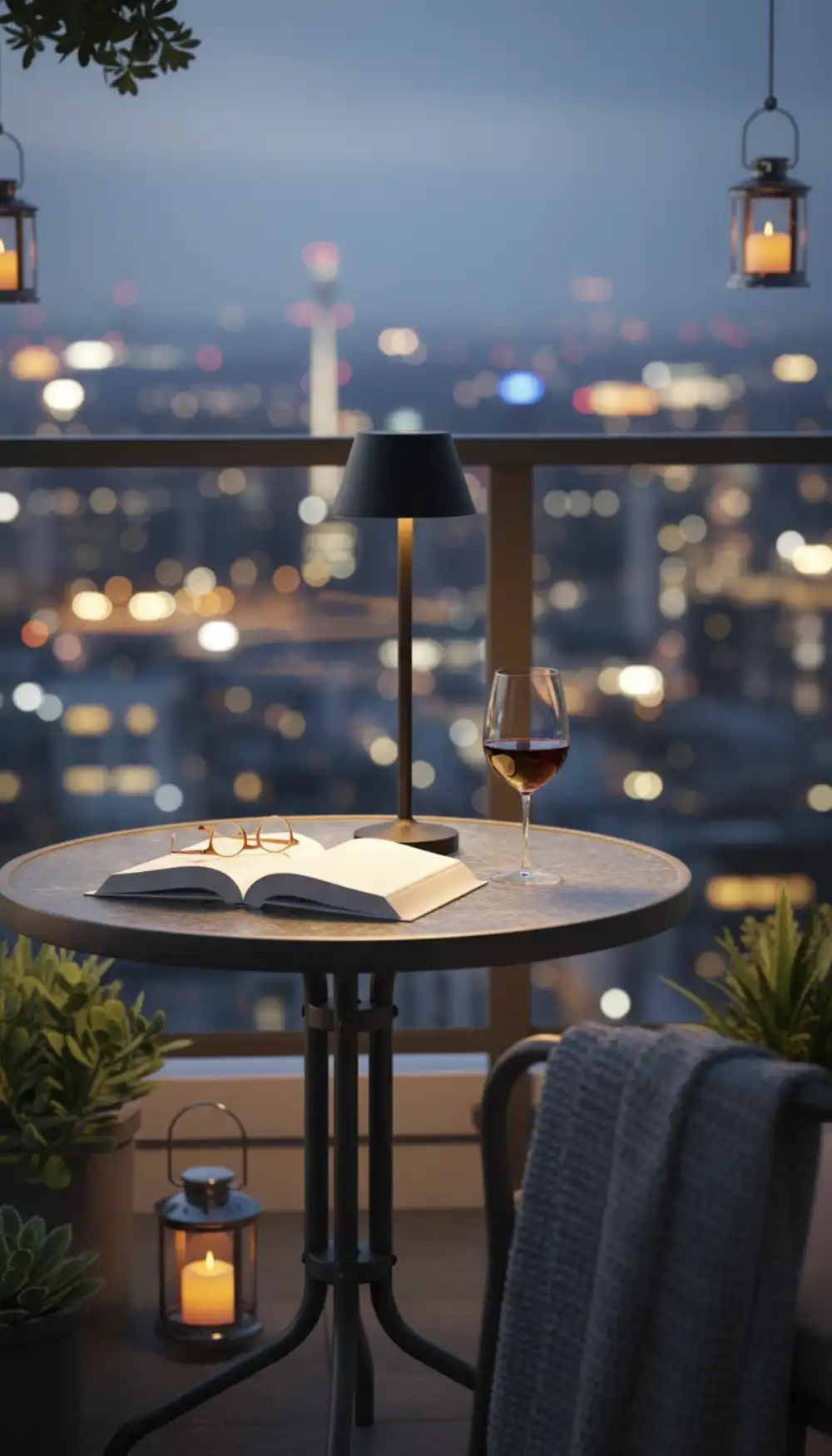 Modern LED table lamp glowing on a balcony table at dusk
