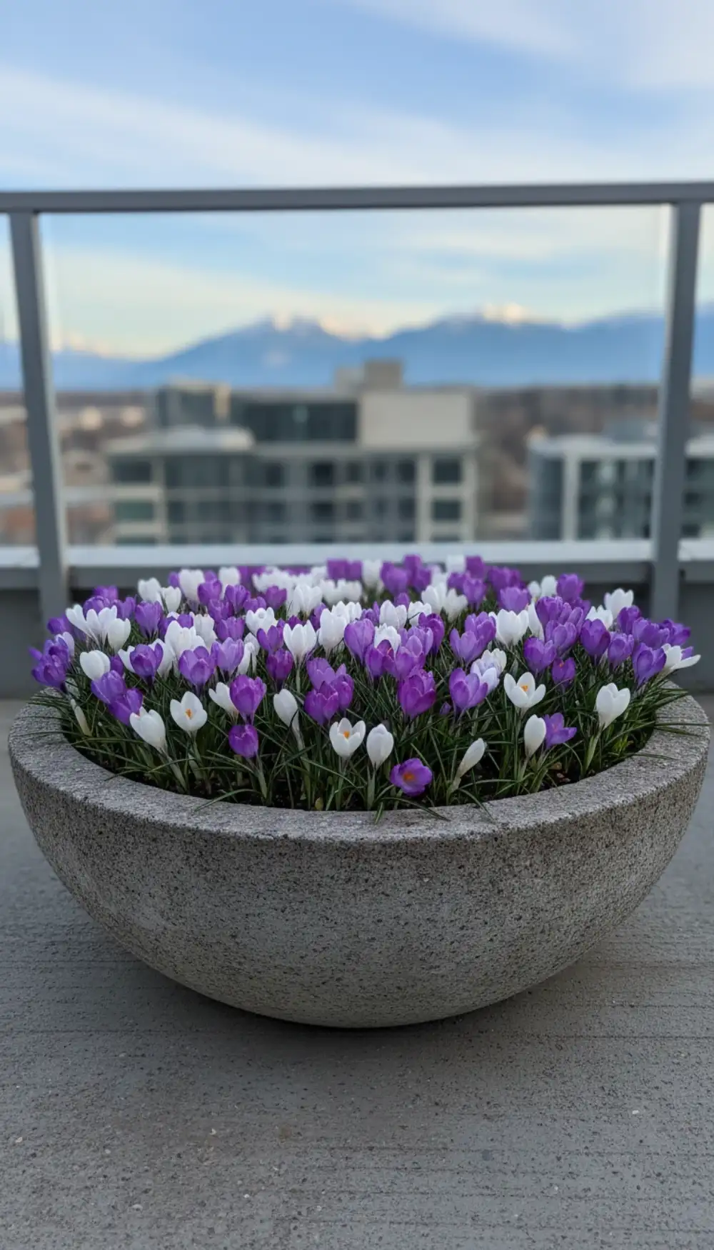Shallow bowl planter filled with blooming purple and white crocuses