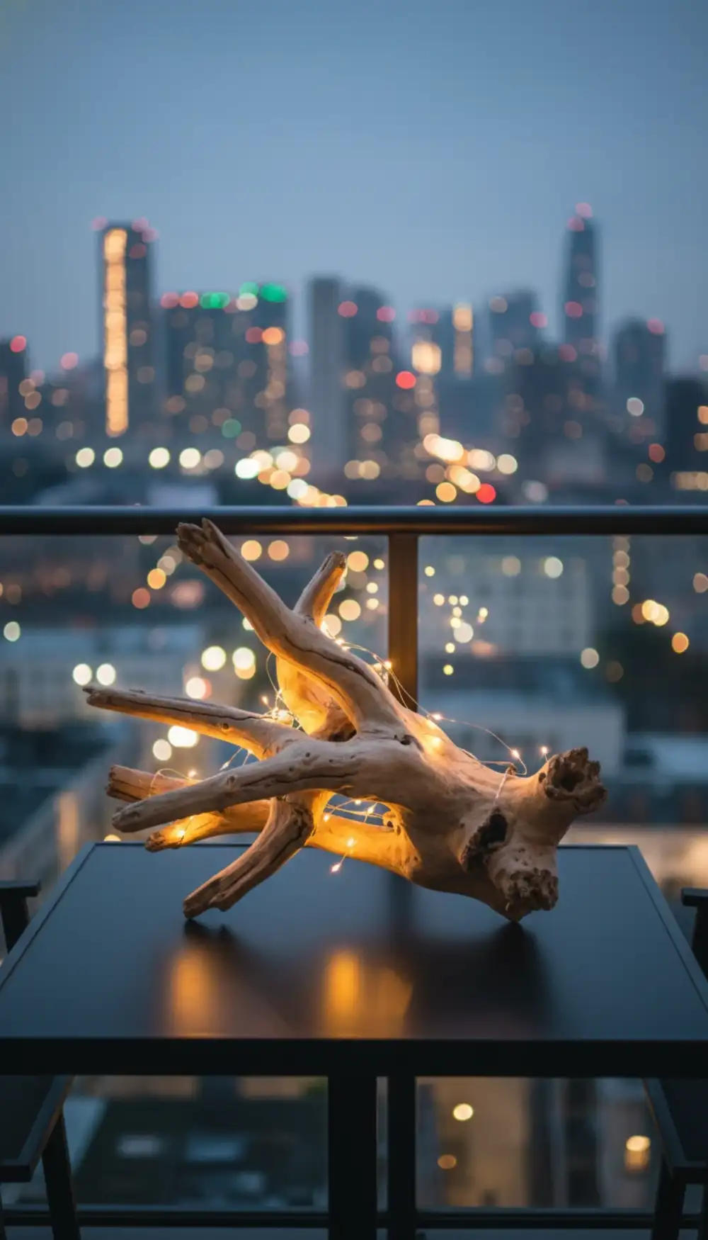 Large sculptural piece of driftwood displayed on a balcony table
