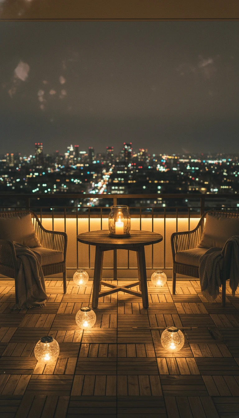 Solar floor lanterns and string lights on a balcony at night