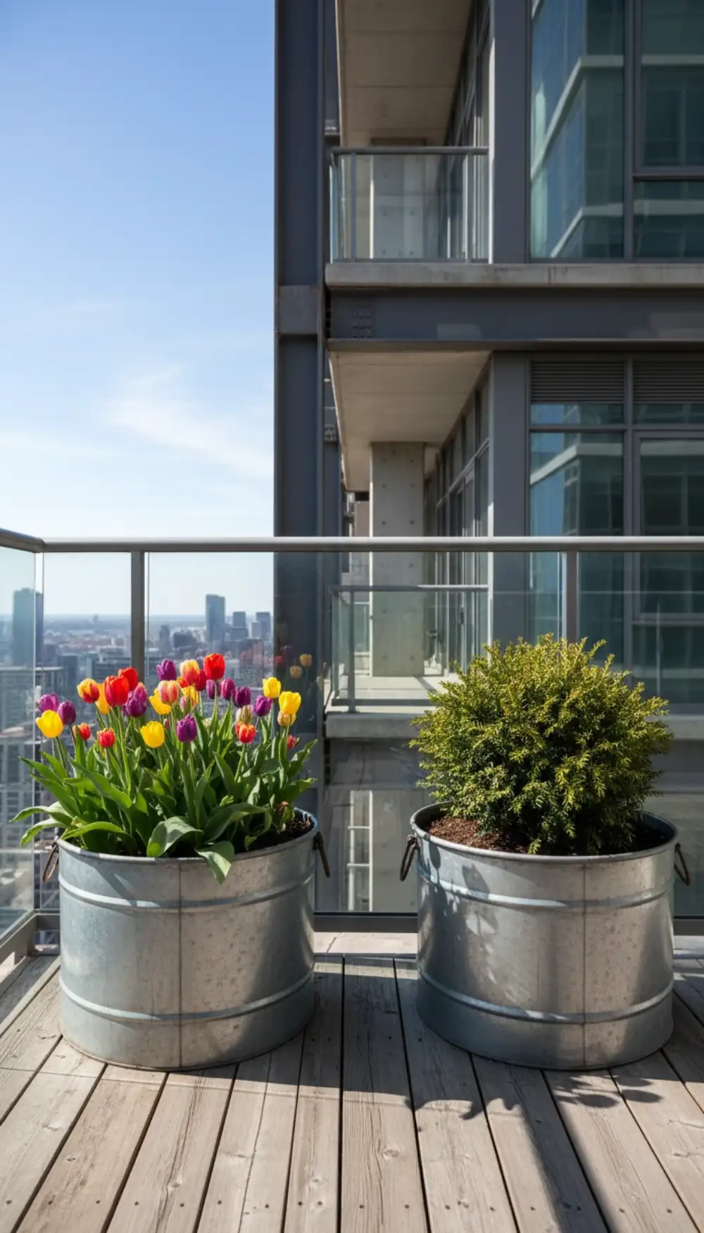 Round galvanized steel tub planter filled with spring bulbs