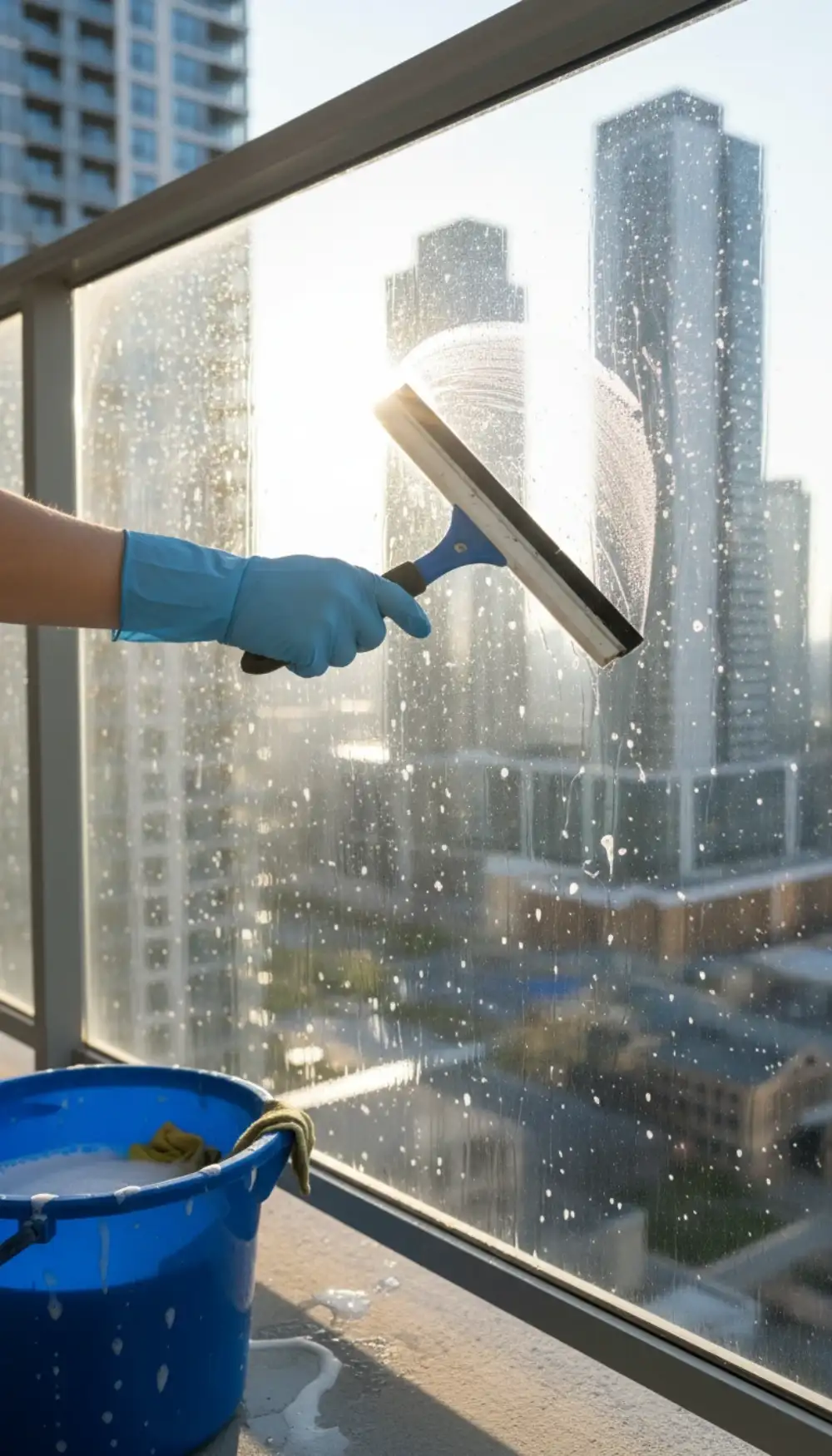 Squeegee cleaning a dirty glass balcony railing with a city view