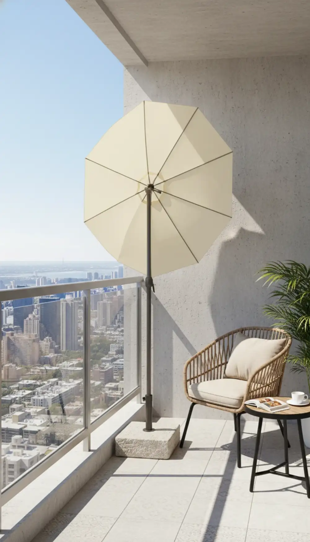 Half-round beige umbrella standing flush against a balcony wall