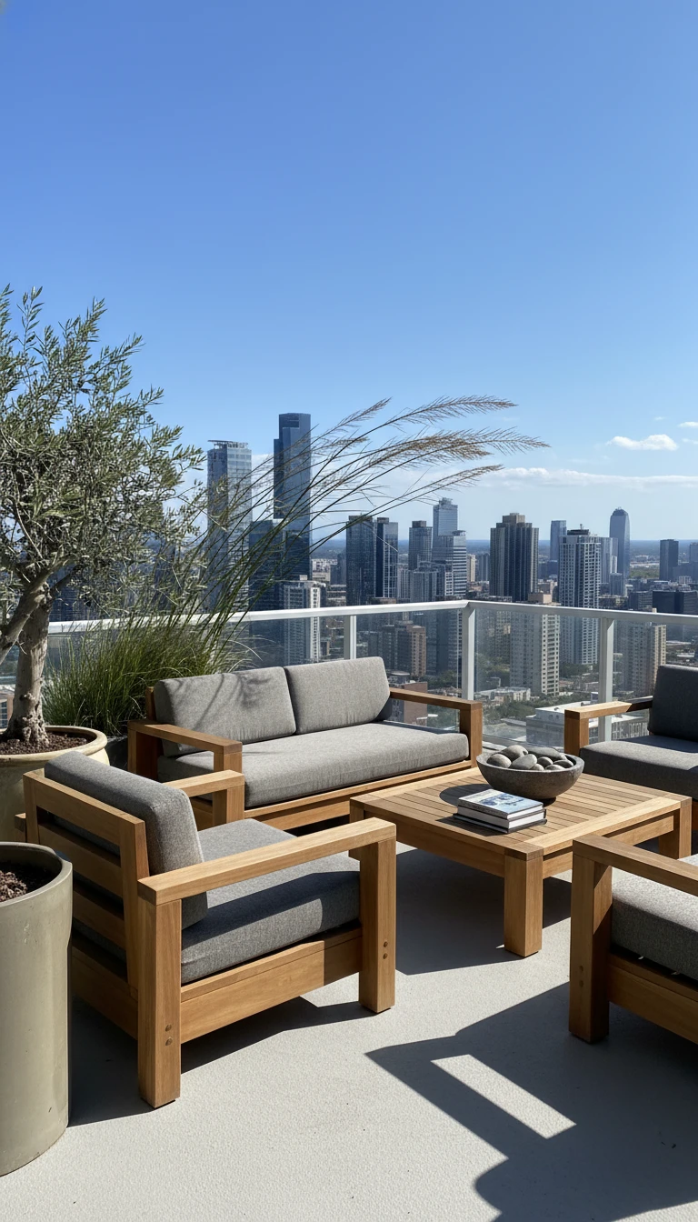 Heavy teak wood sofa set with thick cushions on a windy high-rise balcony
