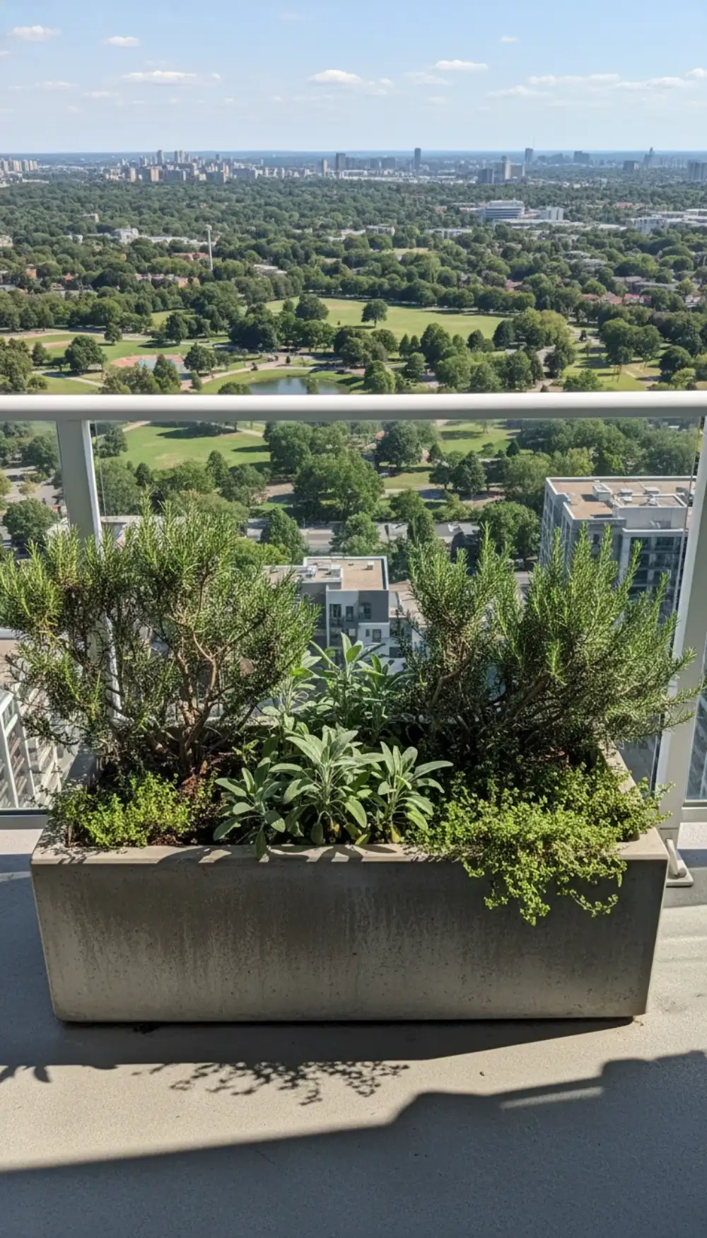 Long rectangular trough planter filled with rosemary and thyme